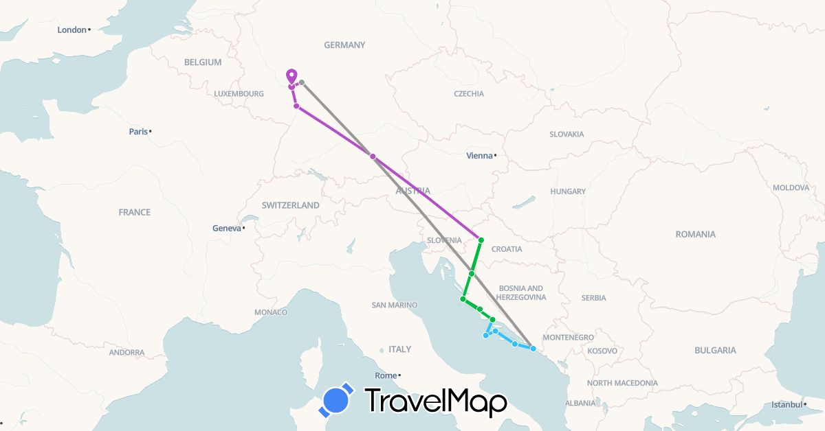 TravelMap itinerary: driving, bus, plane, train, boat in Germany, Croatia (Europe)